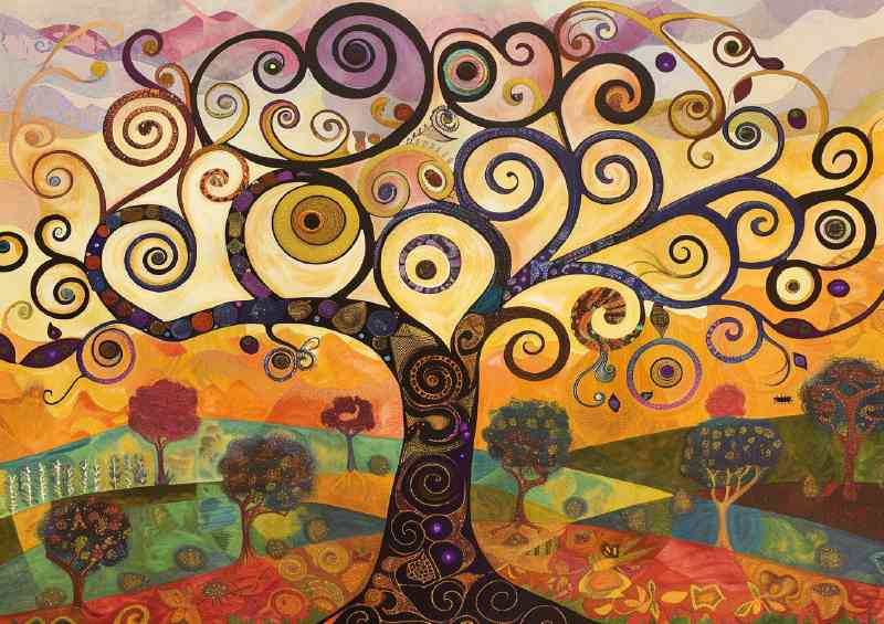 Whimsical swirly tree top of the hill