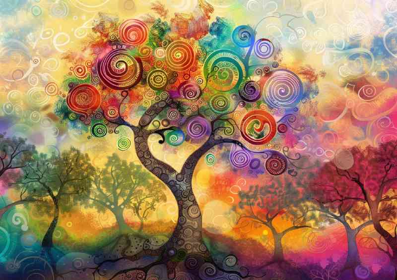 Whimsical tree with swirls and colours