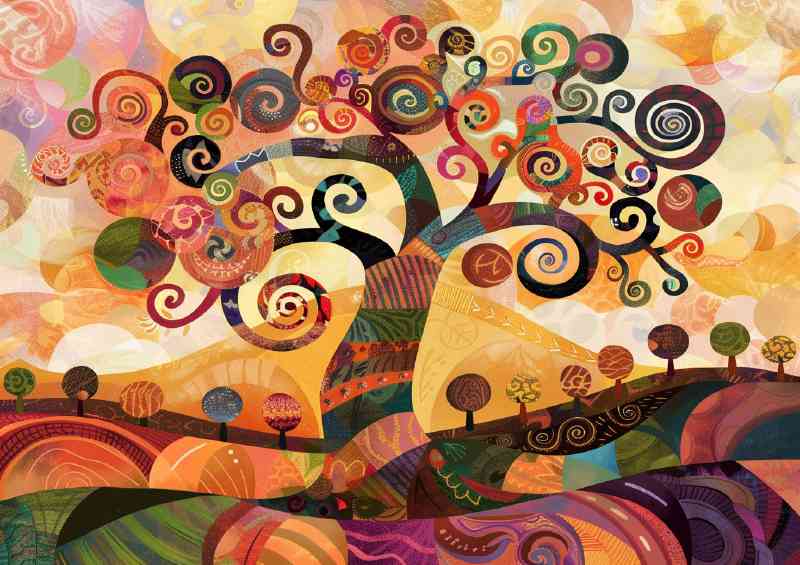 Whimsical tree with swirls and spirals in the field