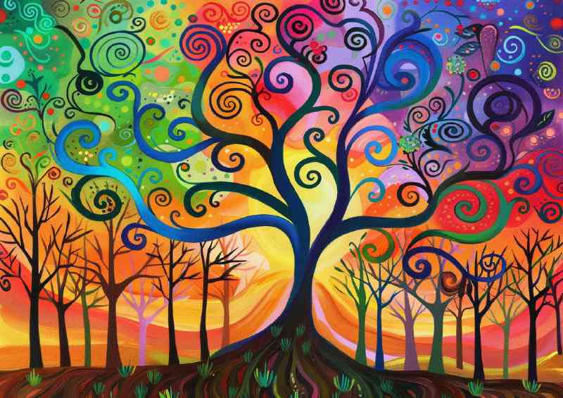 Whimsical tree with vibrant swirls and spirals