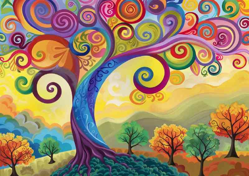 Wimsical colourful tree on the hills