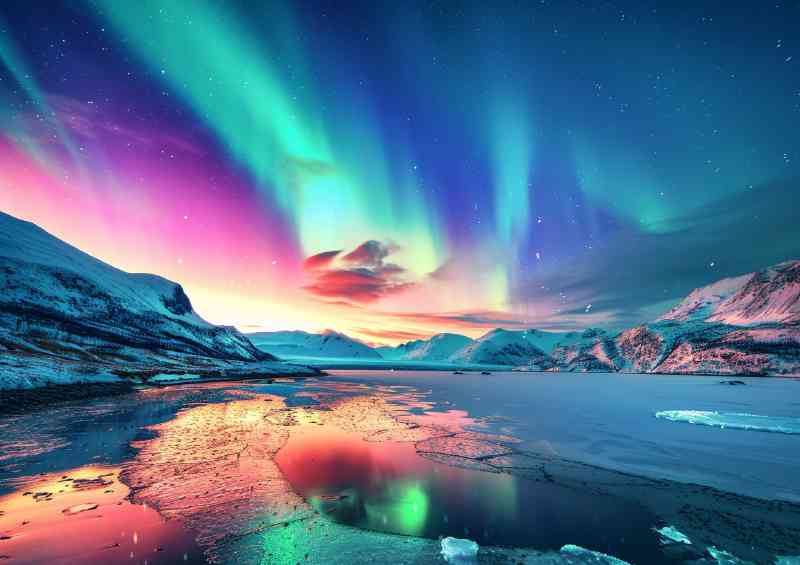 Stunning view of the Northern Lights over snow