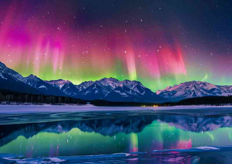 The Northern Lights over the mountains with reflection