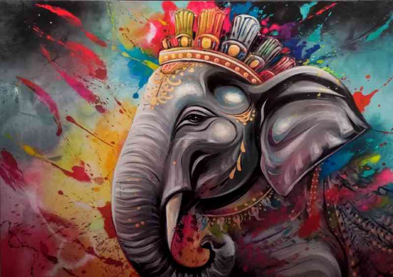 A painting of an elephant adorned with a color | Metal Poster