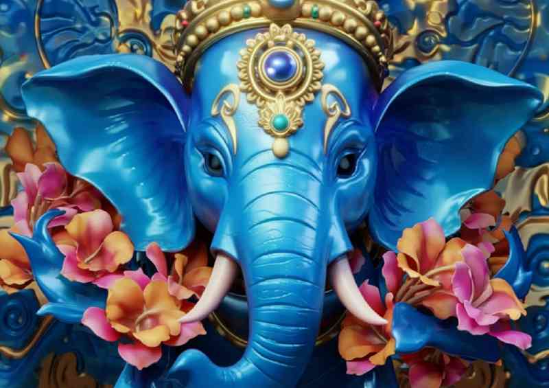 Majestic blue elephant adorned with flowers
