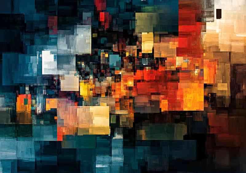 Abstract digital art of fragmented cubes in various colours