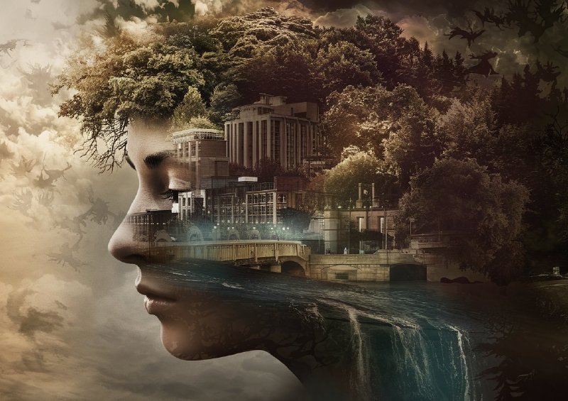 Surrealistic of a woman s profile with her face as a cityscape