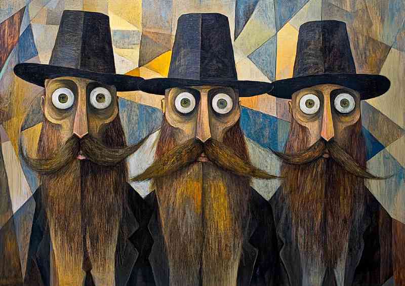 Surrealistic painting of three DMT figures with long brards