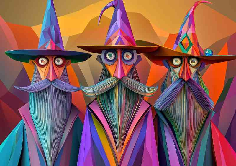 Three magicians with long beards and wide hats cubist