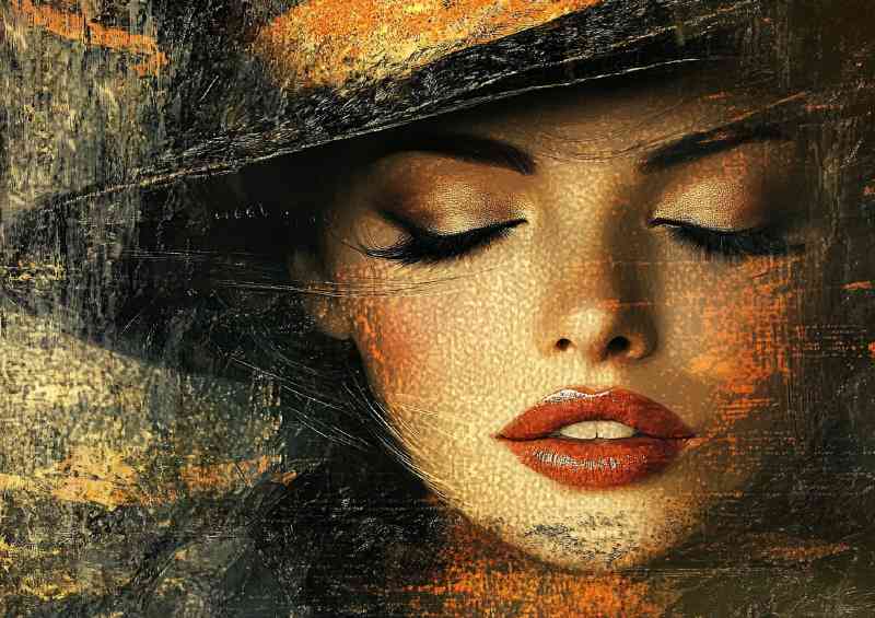 Woman with closed eyes red lips wearing an elegant hat