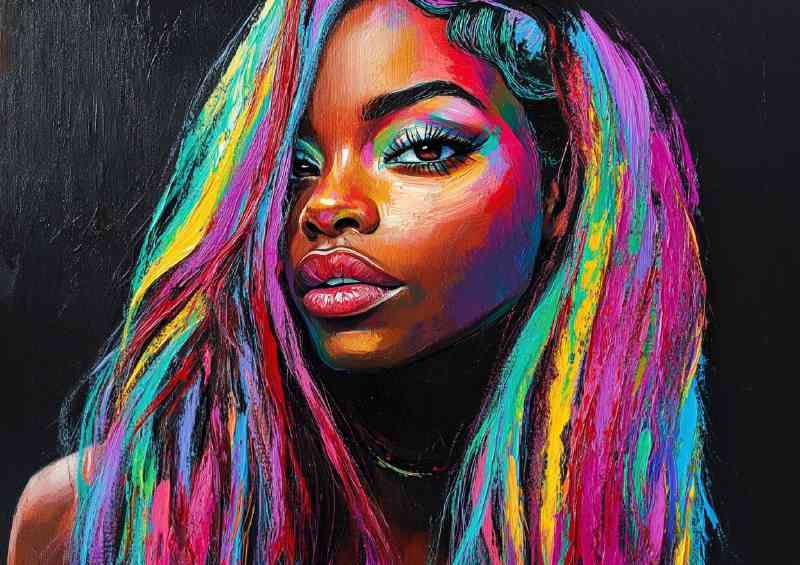 Woman with long colorful hair vibrant colors painted