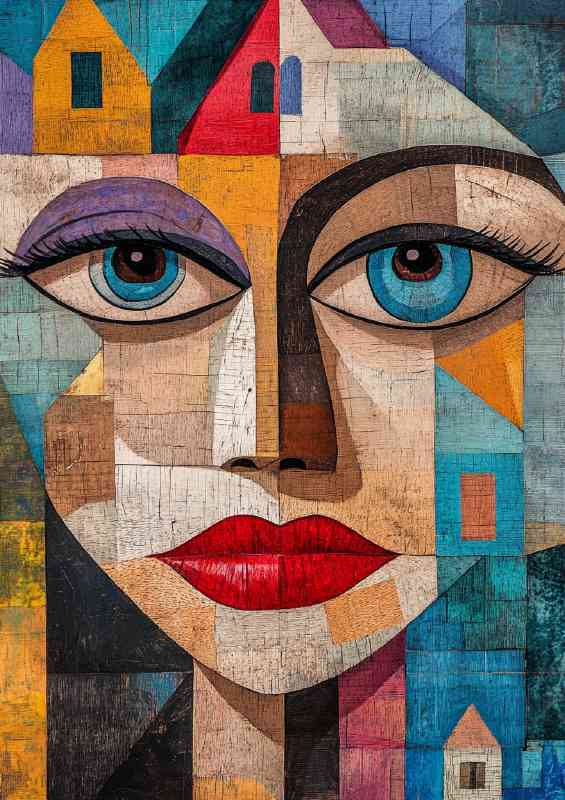 Abstract art face woman with red lips and big eyes
