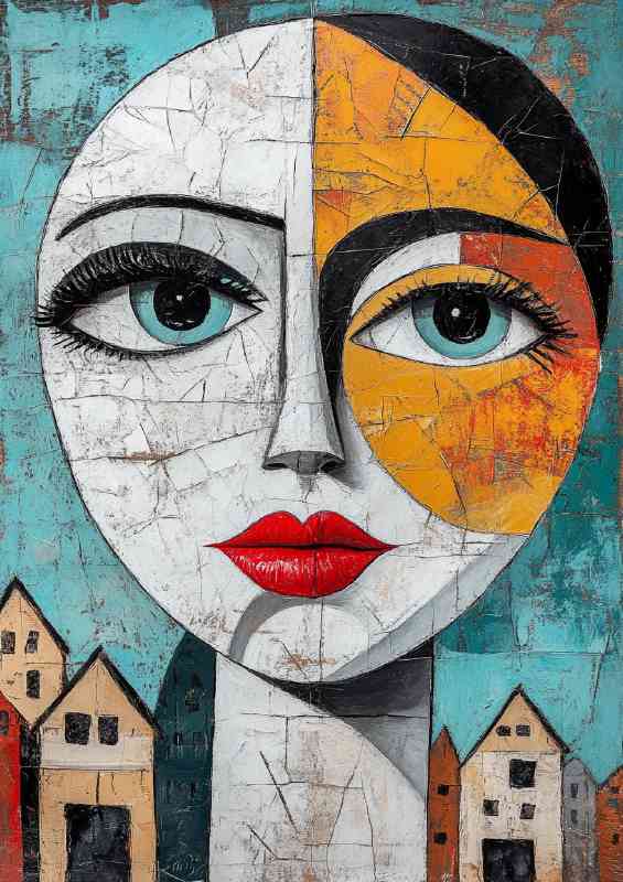 Abstract art face woman with red lips and big eyes in city