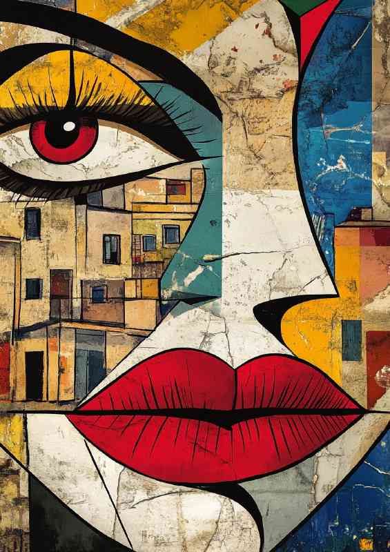 Abstract art face woman with red lips city living