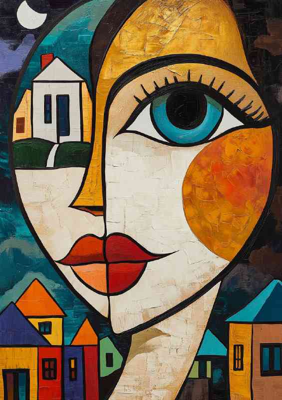 Abstract cubist painting of face with houses