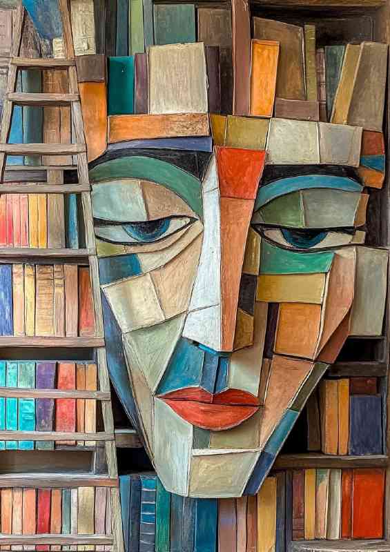 Abstract face made of books with ladders and shelves