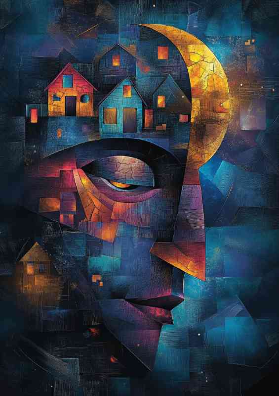 Abstract face with houses and moon in the background