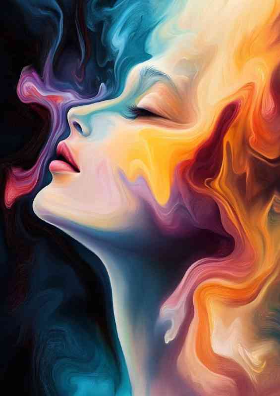 Abstract painting of a face with a colorful liquid background