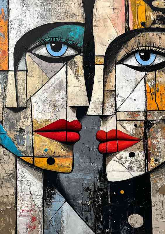 Abstract painting of two faces in the style of Picass