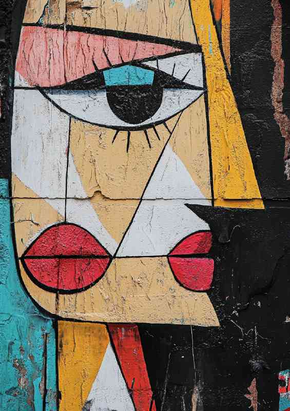 Abstract street art in the style of Picassos cubist lady face