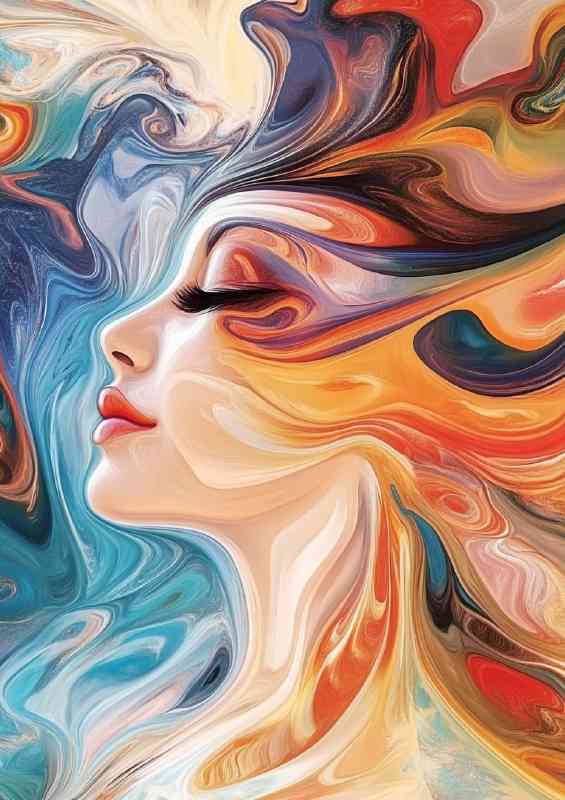 Abstract woman in the wind swirls and spirals colorful face