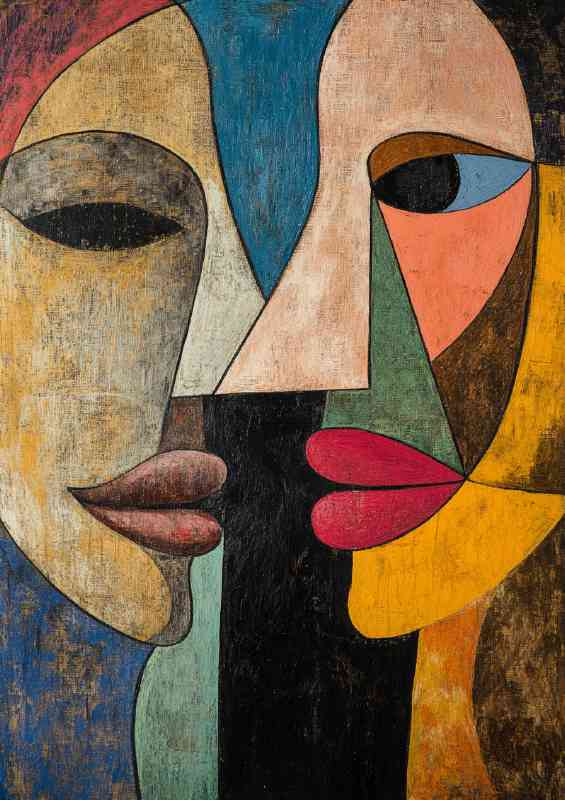 An abstract modern painting with two faces different styles