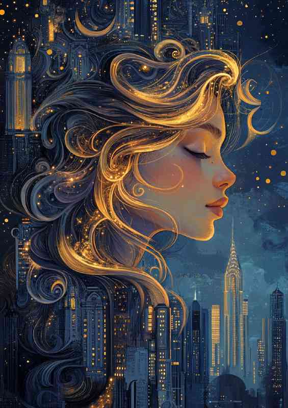 Beautiful girl with flowing hair a cityscape