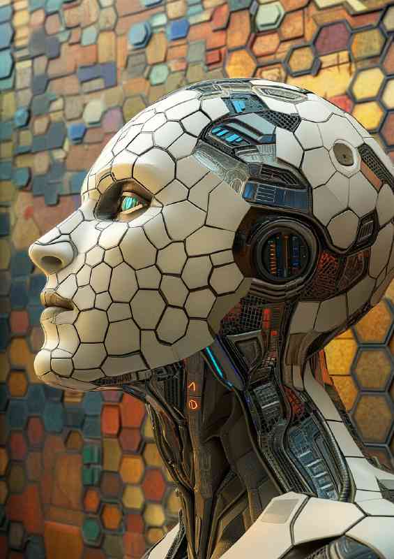 Digital art piece of an AI humanoid with a hexagonal shapes