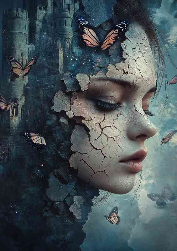 Girl with cracked skin and ethereal detail flying butterflies