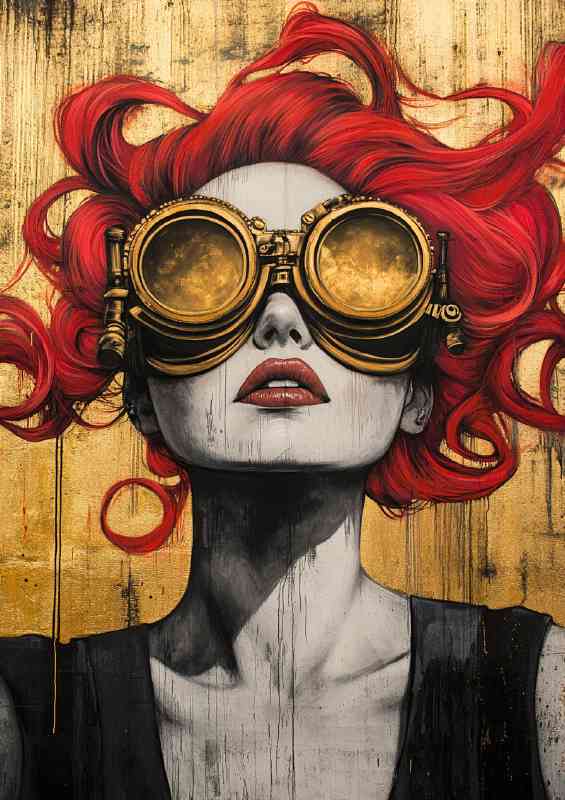 Graffiti painting of red haired woman with steampunk