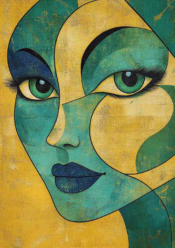 Modern abstract images of a single face close-up with curves and green eyes