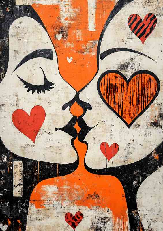 Painting of two faces kissing