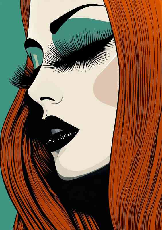 Retro illustration of a glamorous woman with long hair green shadow