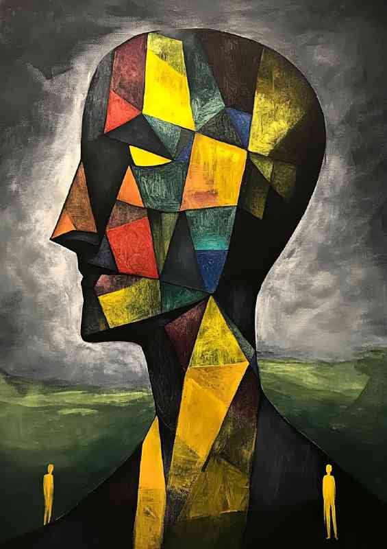 Surreal painting of a cubist head