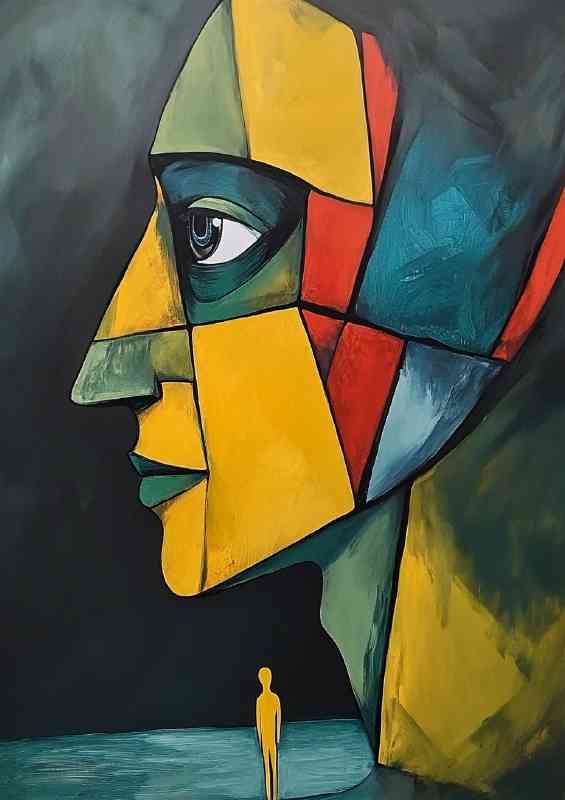 Surreal painting of a cubist head and man