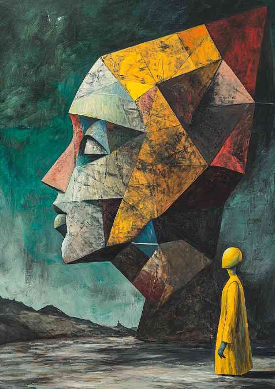 Surreal painting of a cubist head and person
