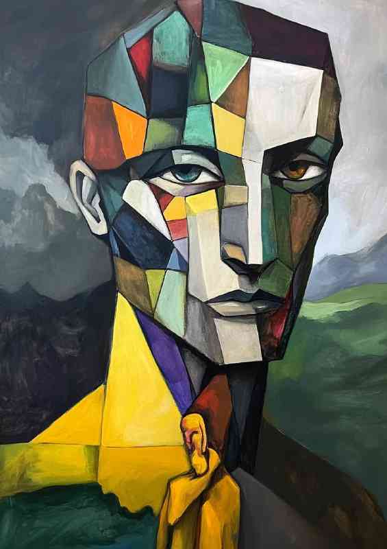 Surreal painting of a cubist head with large geometrics