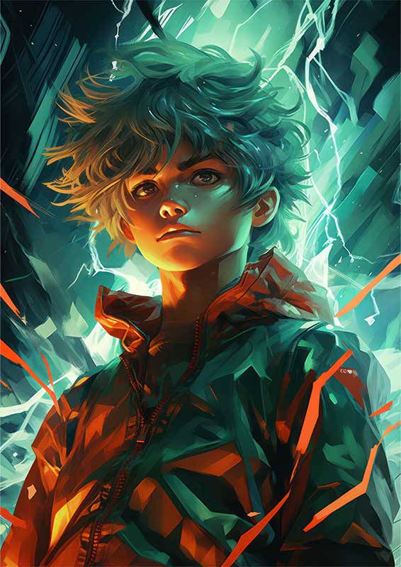 Gogeta style in a green shirt and some lightning