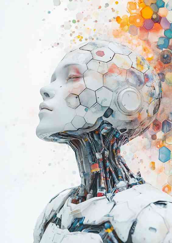 Watercolor portrait of a humanoid robot