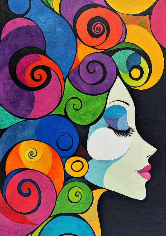 Woman in the wind swirls and spirals colorful hair