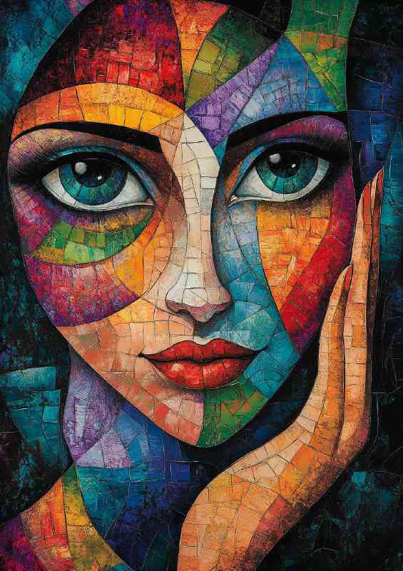 Woman with large eyes in the style of cubist colourful