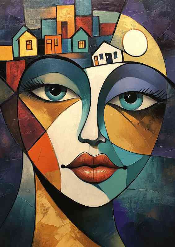 abstract cubist painting of face with houses in her head