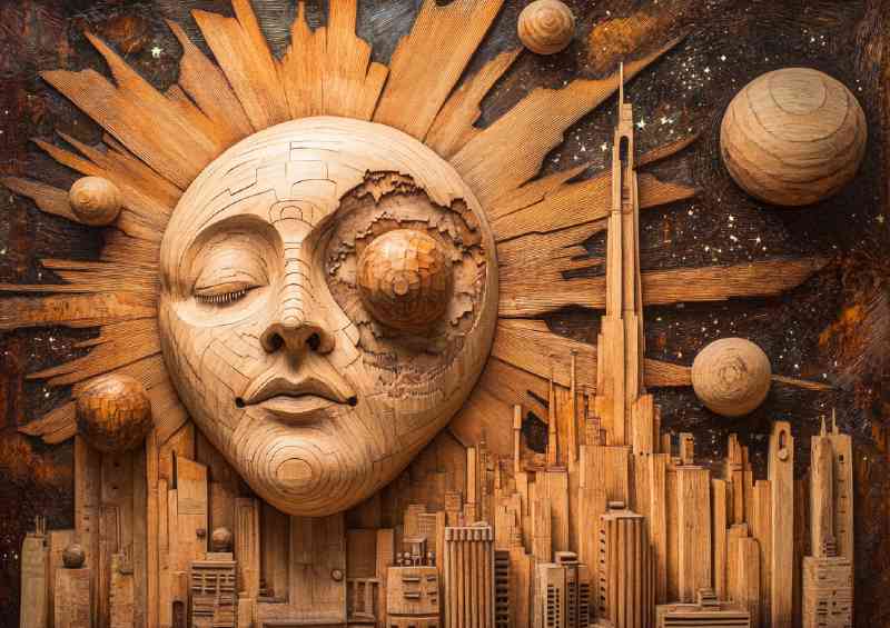 Abstract Sun and Cityscape a wood carved style