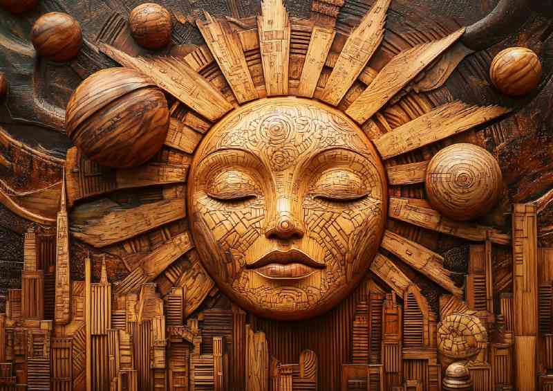 Abstract Sun and Cityscape a wood style