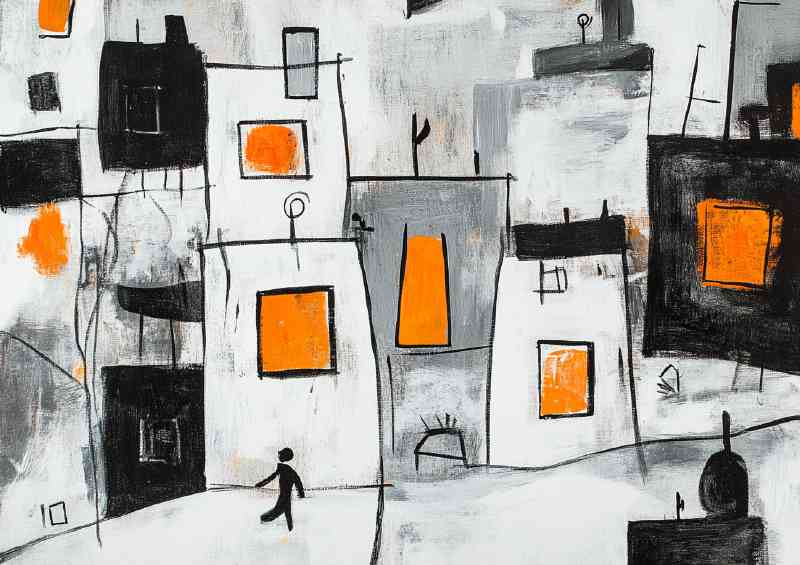 Abstract painting of houses with black lines and shapes