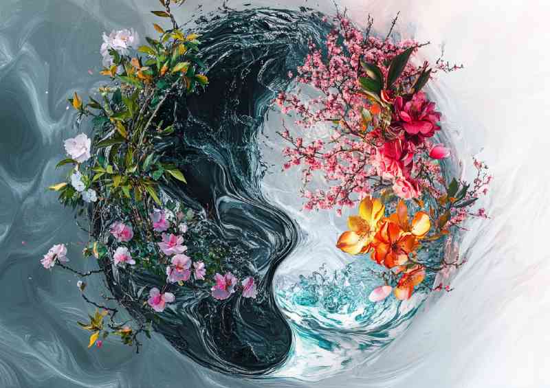Digital art piece of the yin yang symbol half flowers