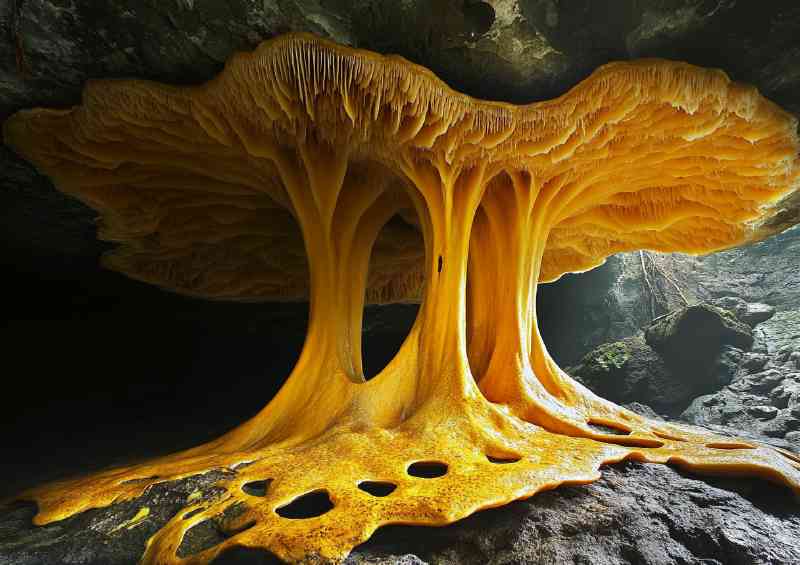 Giant yellow mushroom like trees with long roots