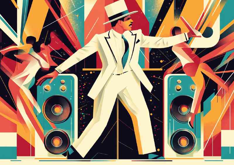 Man in a white suit and top hat dancing with speakers singing
