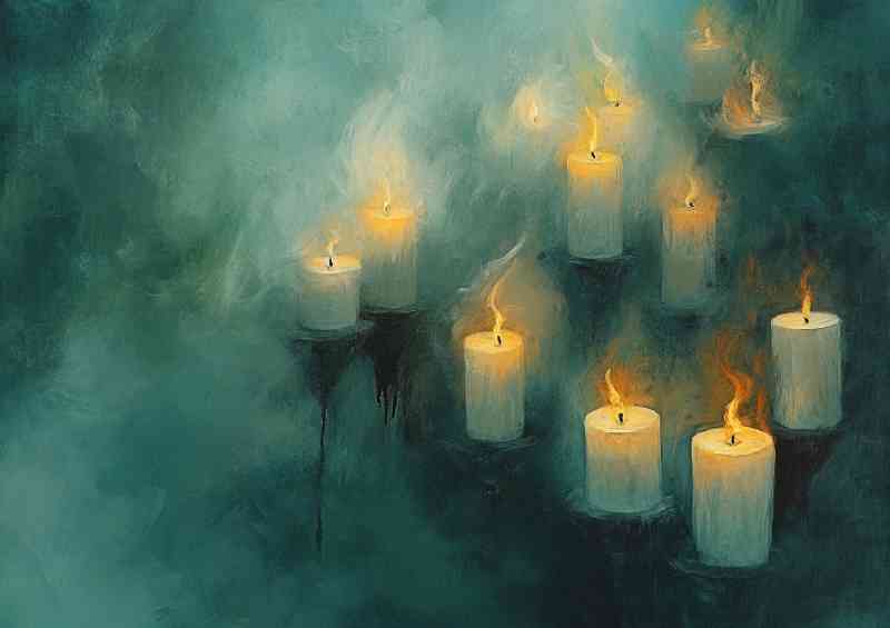 Multiple lit candles painted style