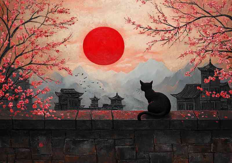 Painting of the red sun a black cat sitting